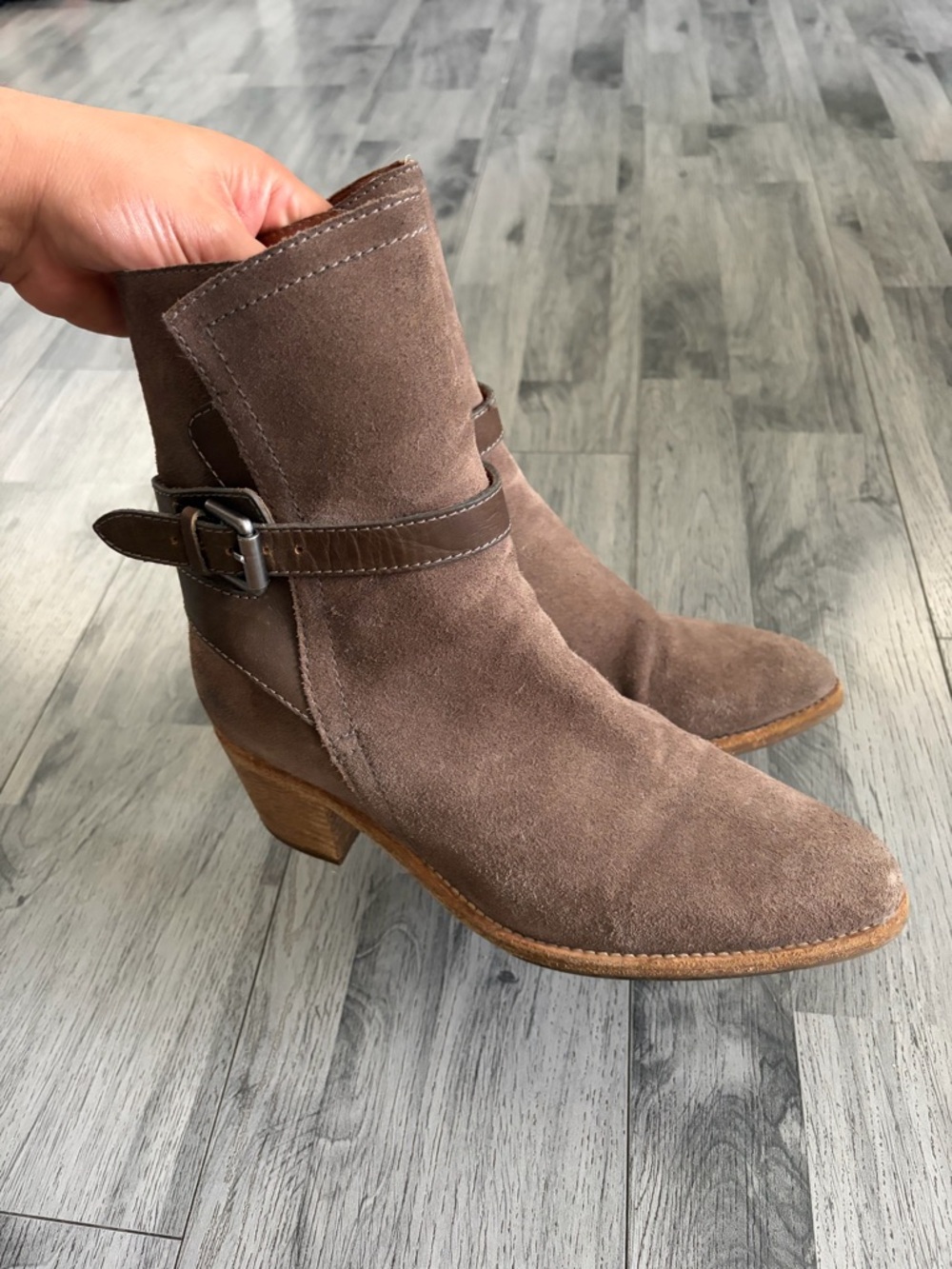 All Saints Jodhpur Taupe Suede Ankle Boots with Buckle Strap
